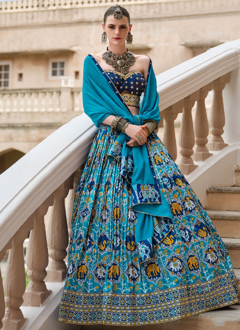 Foil Print Silk Readymade Lehenga Choli in Blue