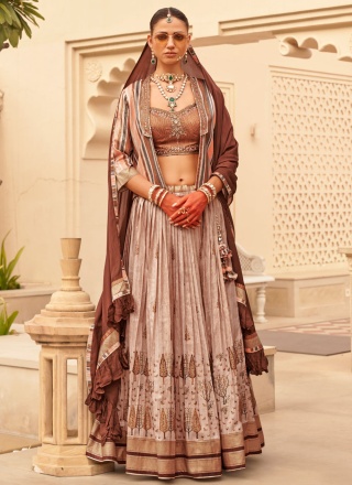 Foil Print Silk Readymade Lehenga Choli in Brown