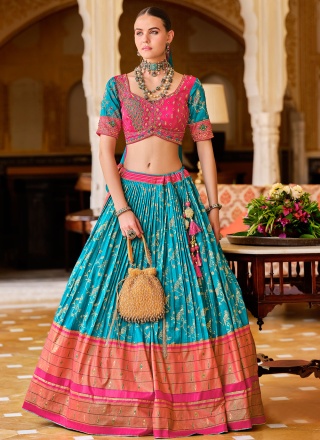 Foliage Print Silk Readymade Lehenga Choli in Blue