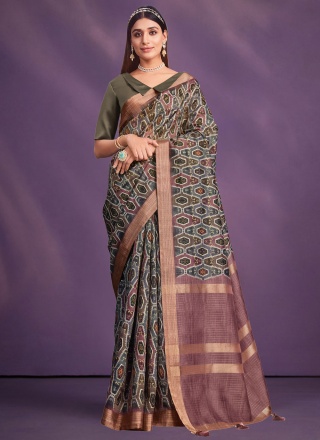 Geometric Print Tussar Silk Classic Saree in Brown