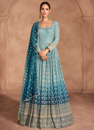 Georgette Blue Sequins Readymade Designer Gown