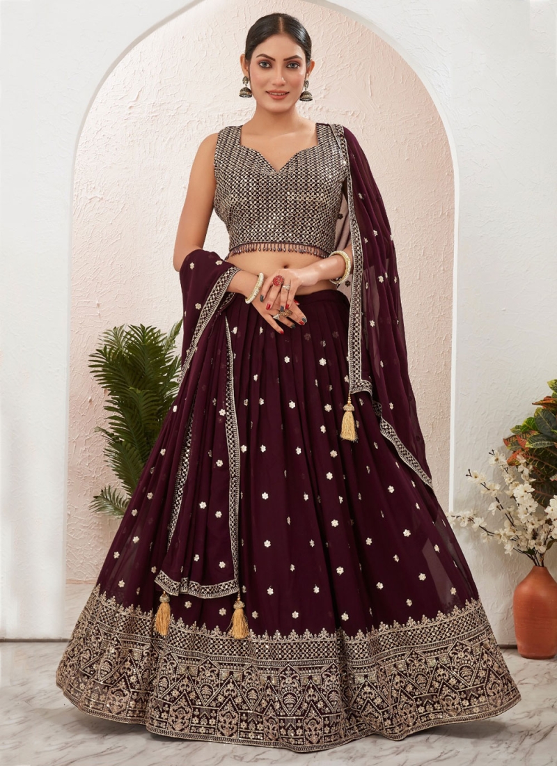 Georgette Burgundy Readymade Lehenga Choli