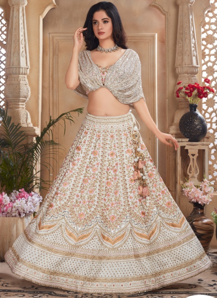 Pink and Dark Blue Color Embroidered Viscose Georgette Lehenga - Rent