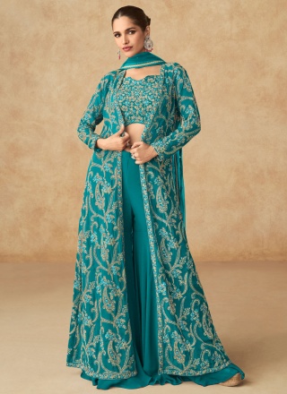 Georgette Embroidered Morpeach  and Teal Designer Salwar Kameez