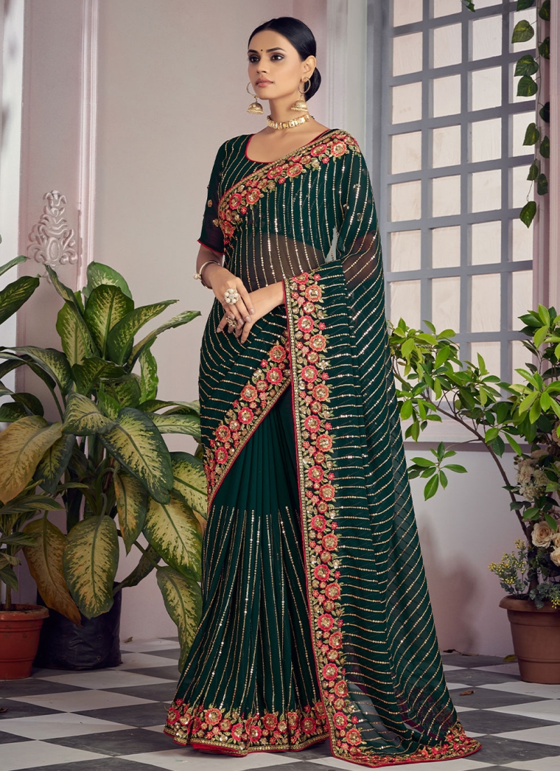 Shop Online Sea Green Tussar Georgette Saree with Embroidered Blouse – Pure  Elegance