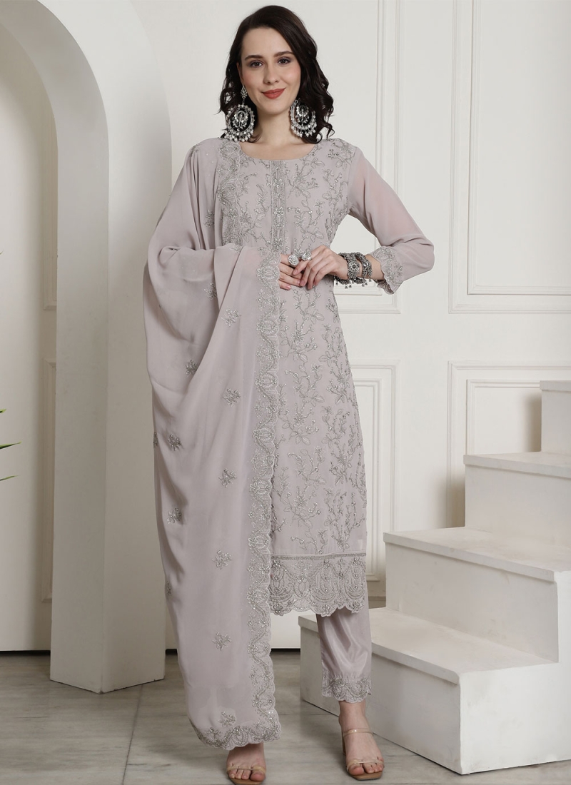 Georgette Grey Embroidered Trendy Suit