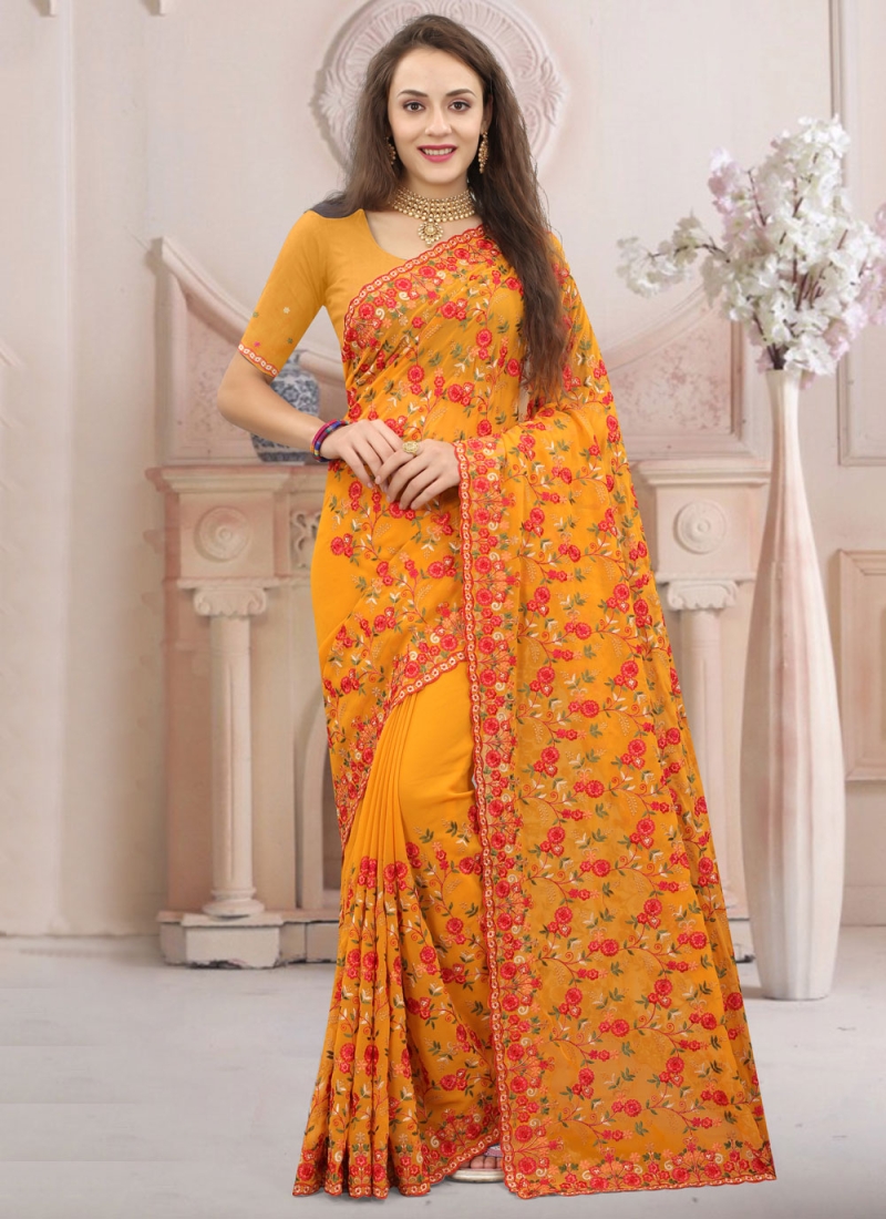 Georgette Kashmiri Classic Saree in Mustard