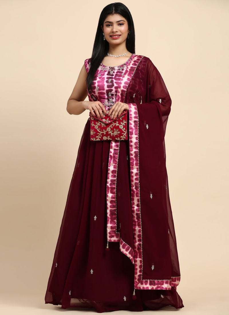 Georgette Maroon Embroidered Readymade Lehenga Choli