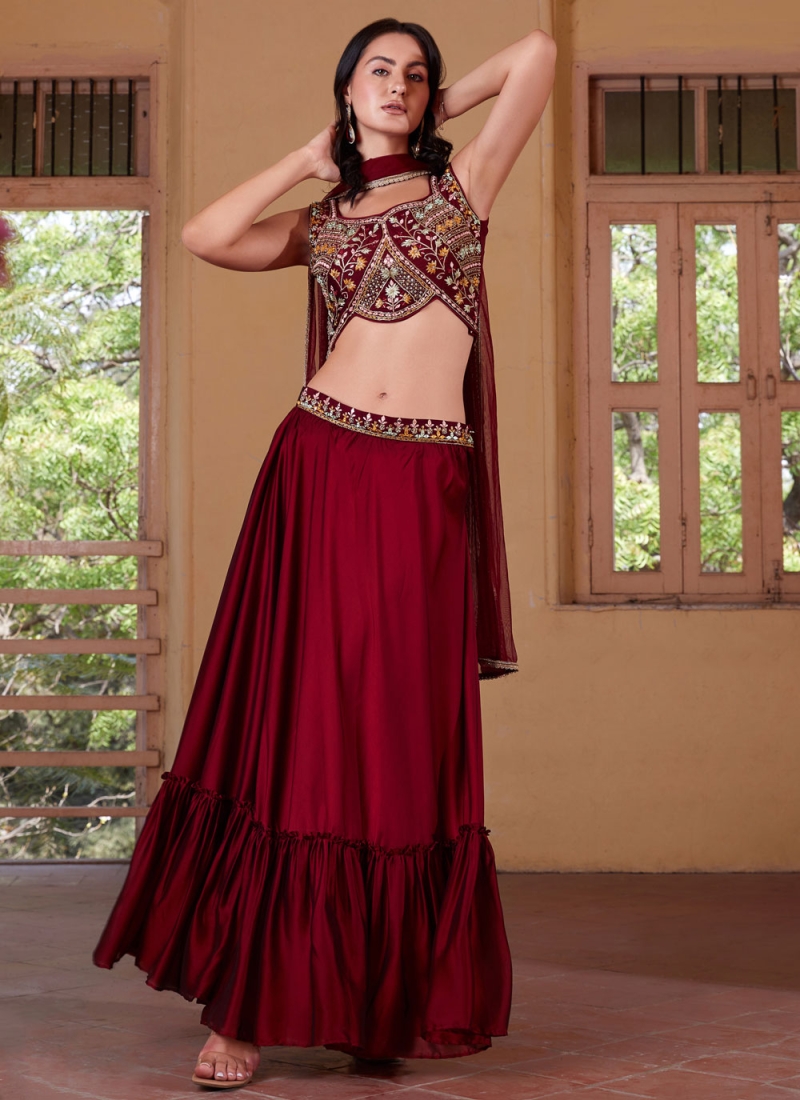 Georgette Maroon Readymade Lehenga Choli