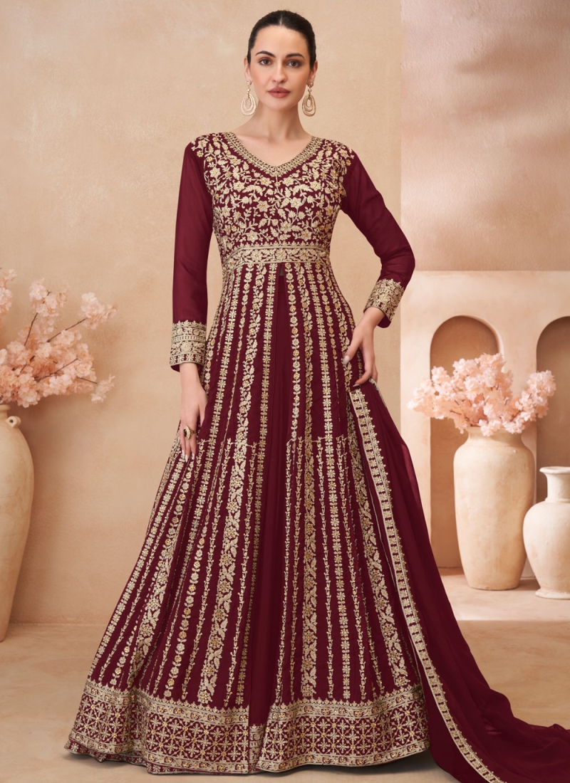 Georgette Maroon Zari Readymade Lehenga Choli