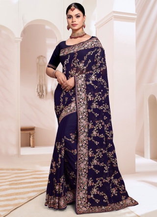 Georgette Navy Blue Resham Designer Saree