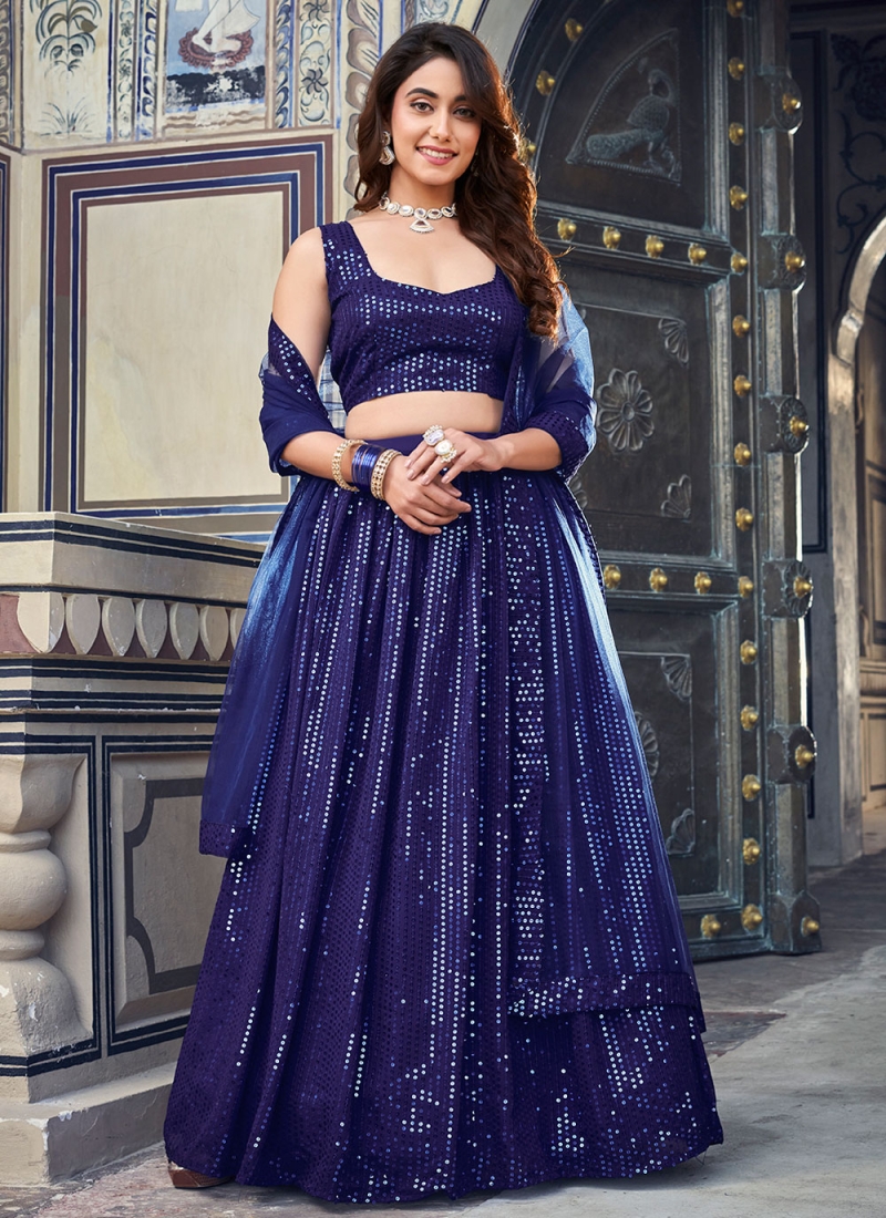 Georgette Navy Blue Trendy Lehenga Choli