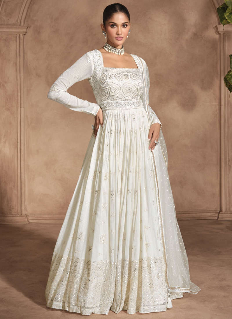 Georgette Off White Embroidered Readymade Gown