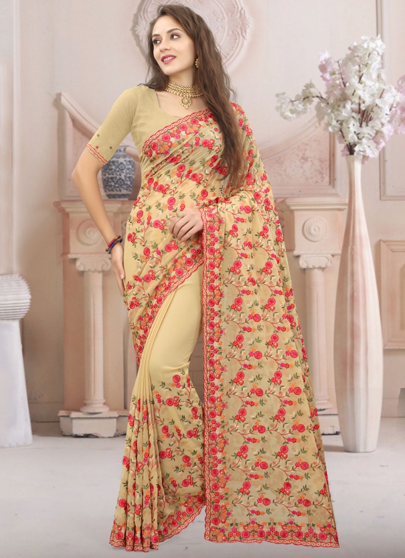 Georgette Resham Trendy Saree in Khaki