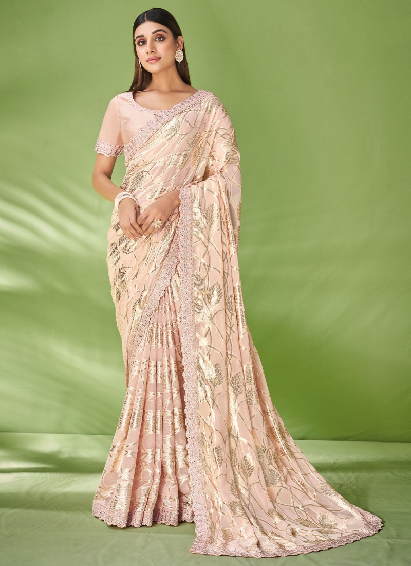 Women Beige Solid Georgette Saree with Mirror Work Border - HA_VASTRA_BEIGE