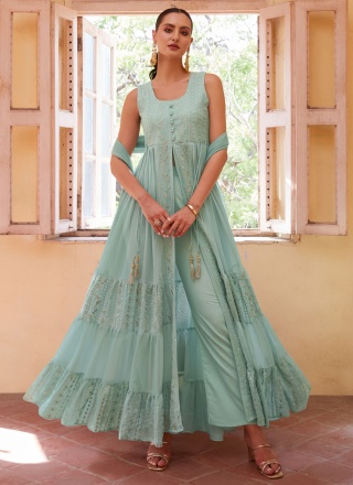 Georgette Sea Green Embroidered Designer Salwar Suit