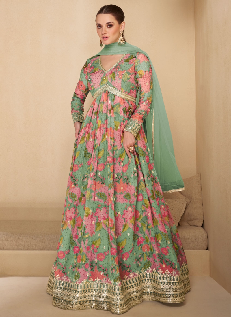 Georgette Sequins Pink and Sea Green Designer Gown