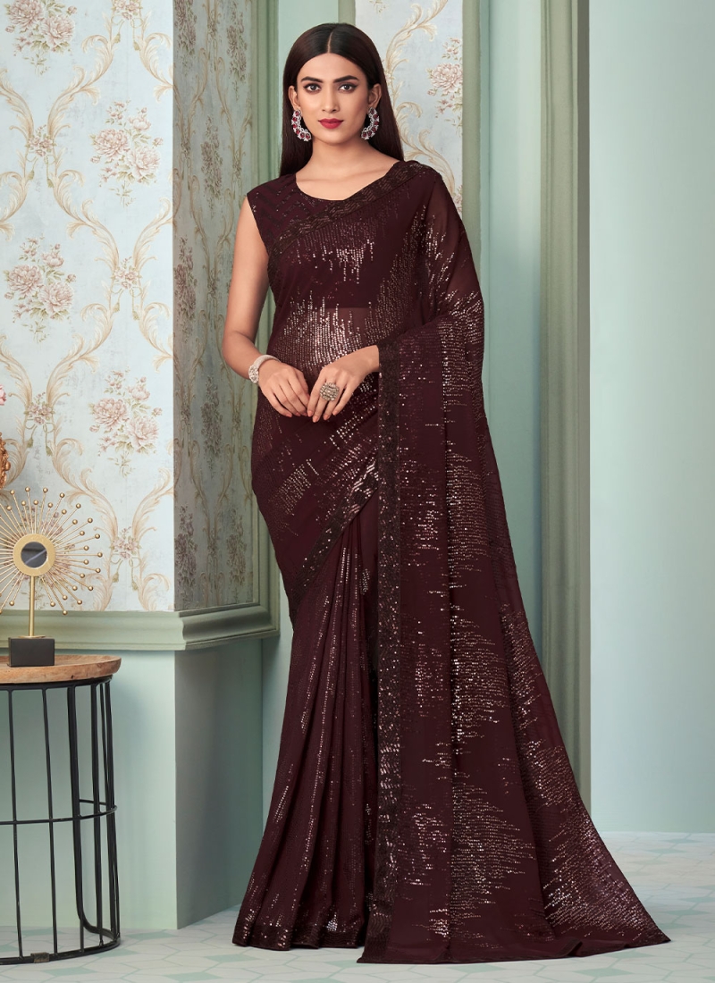 Simple Lehenga Lace Plain Silk Dark Brown Saree|SARV128359