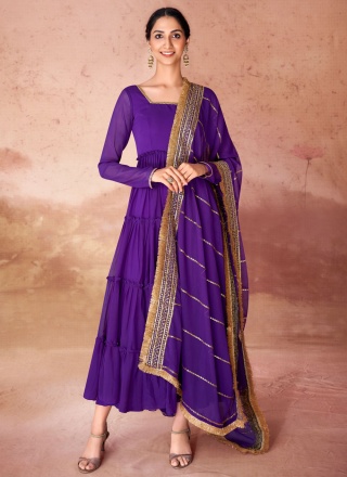 Georgette Violet Plain Readymade Gown