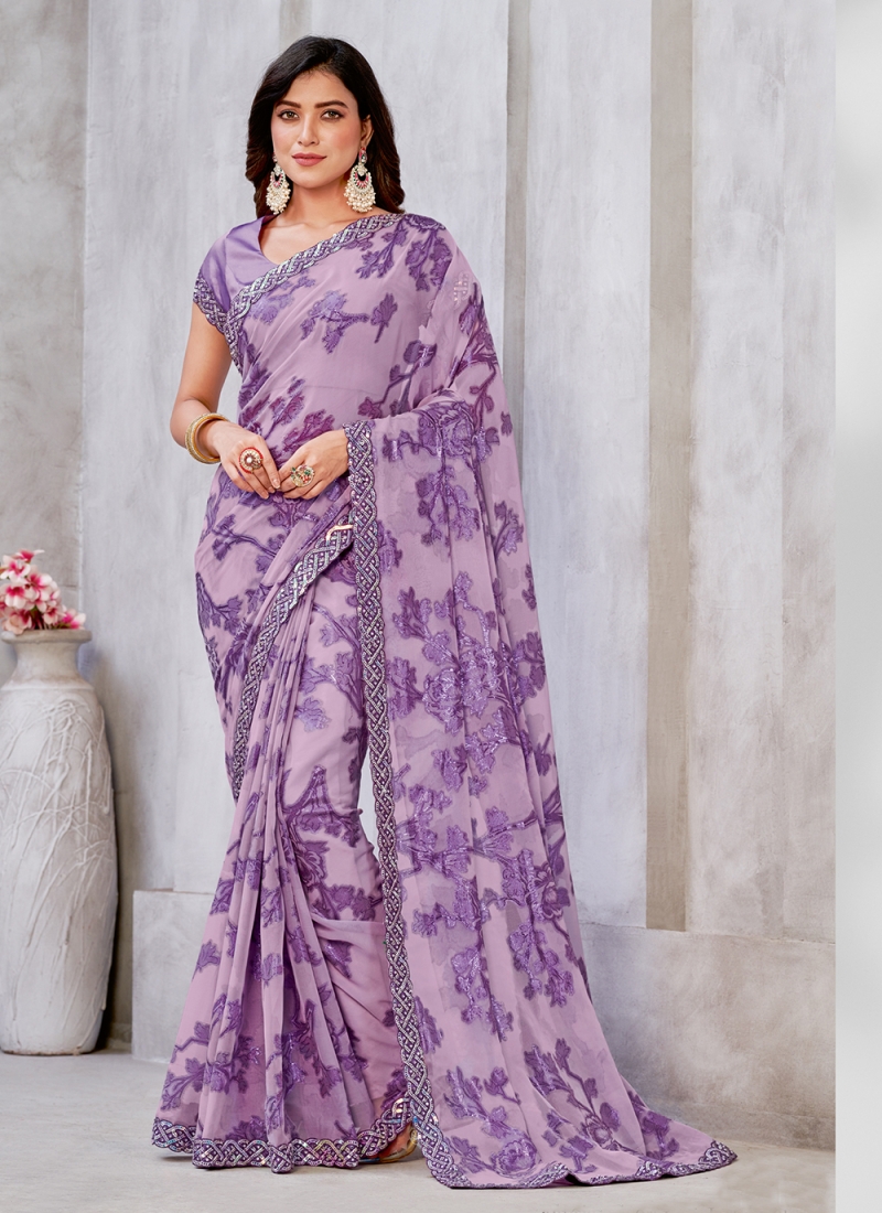 Lavender Embroidered Georgette Saree - Urban Womania