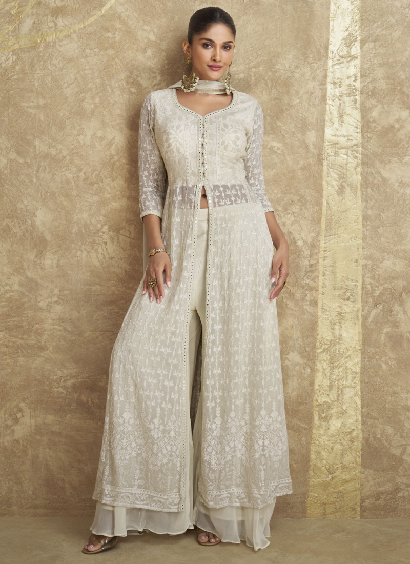 Georgette White Embroidered Readymade Salwar Kameez