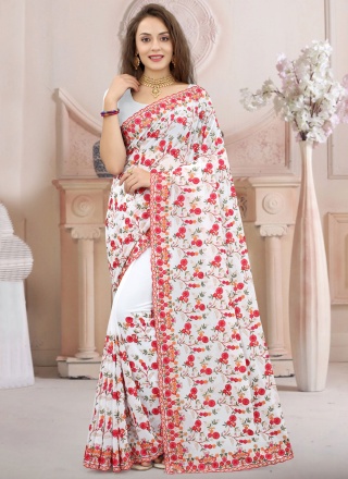 Georgette White Resham Contemporary Saree