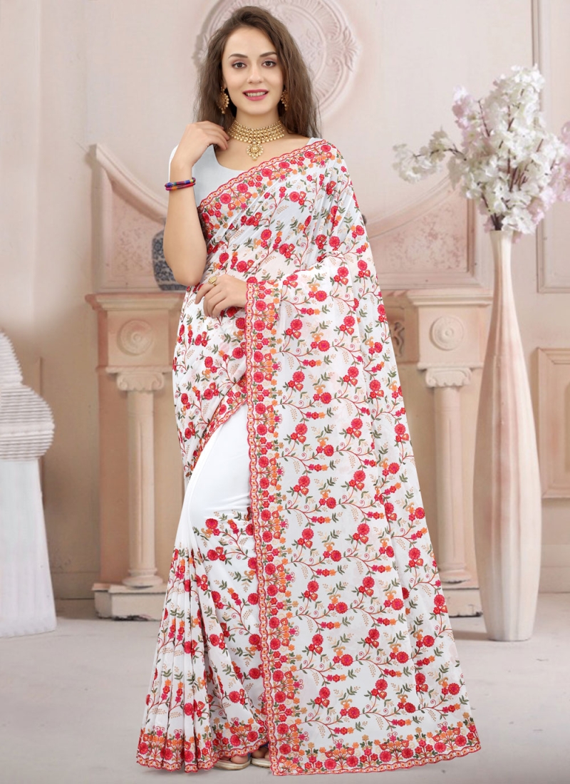 Georgette White Resham Contemporary Saree