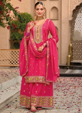 Gilded Embroidered Pink and Rani Chinon Designer Salwar Kameez