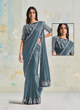 Girlish Embroidered Satin Silk Grey Trendy Saree