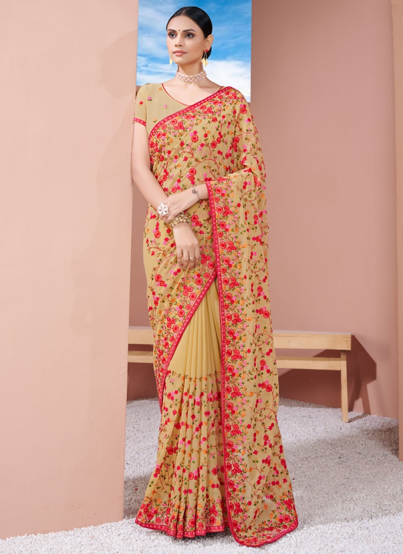 Girlish Georgette Khaki Designer Saree