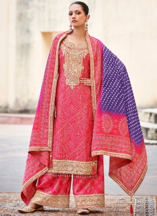 Girlish Pink and Rani Zari Tissue Readymade Salwar Kameez