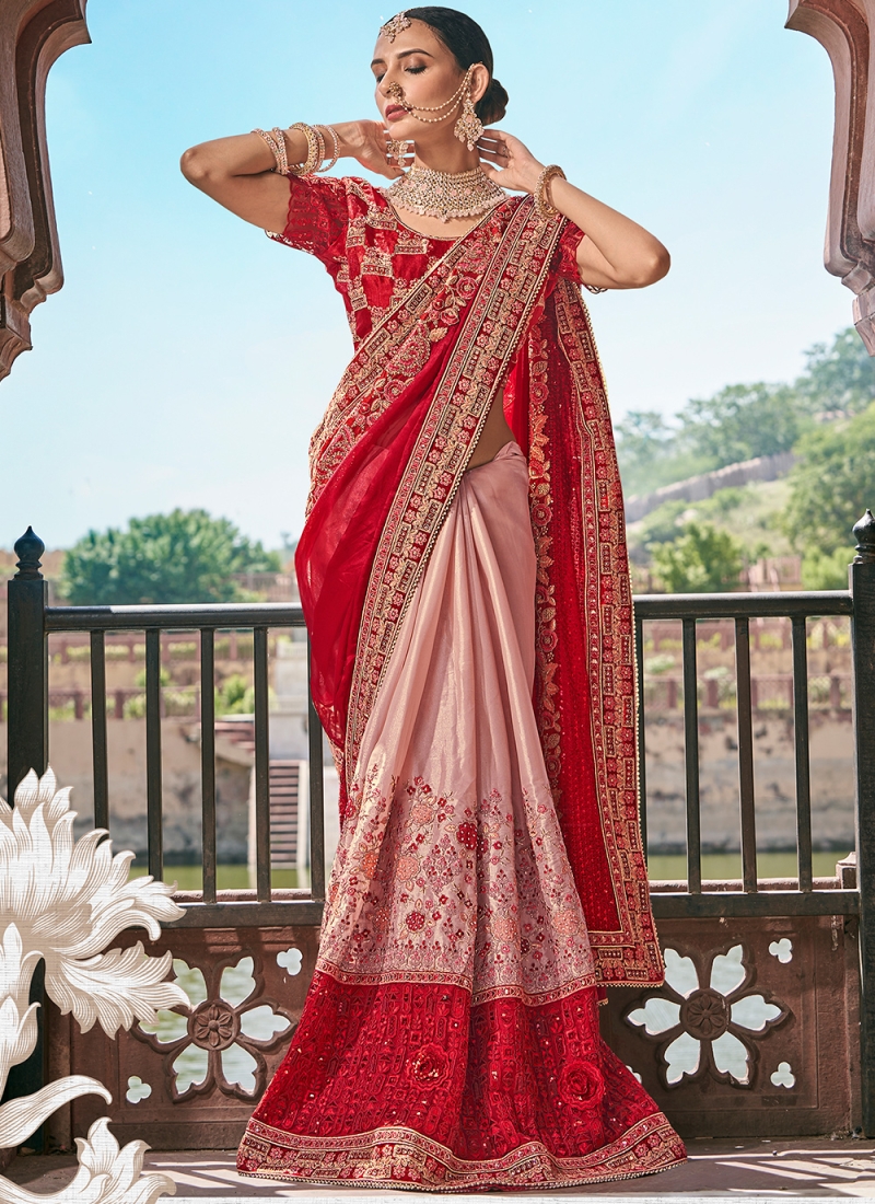Red Colour Georgette Fabric Girlish Resham Embroidered Saree - KSM PRINTS -  4205691