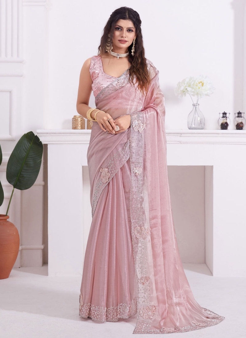 Glamorous Satin Zircon Pink Trendy Saree