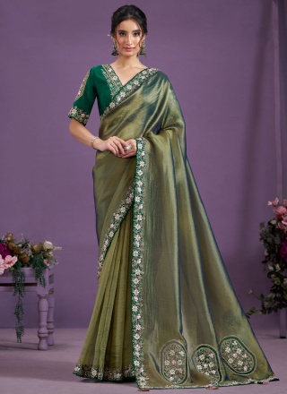 Glass Tissue Green Thread Designer Saree