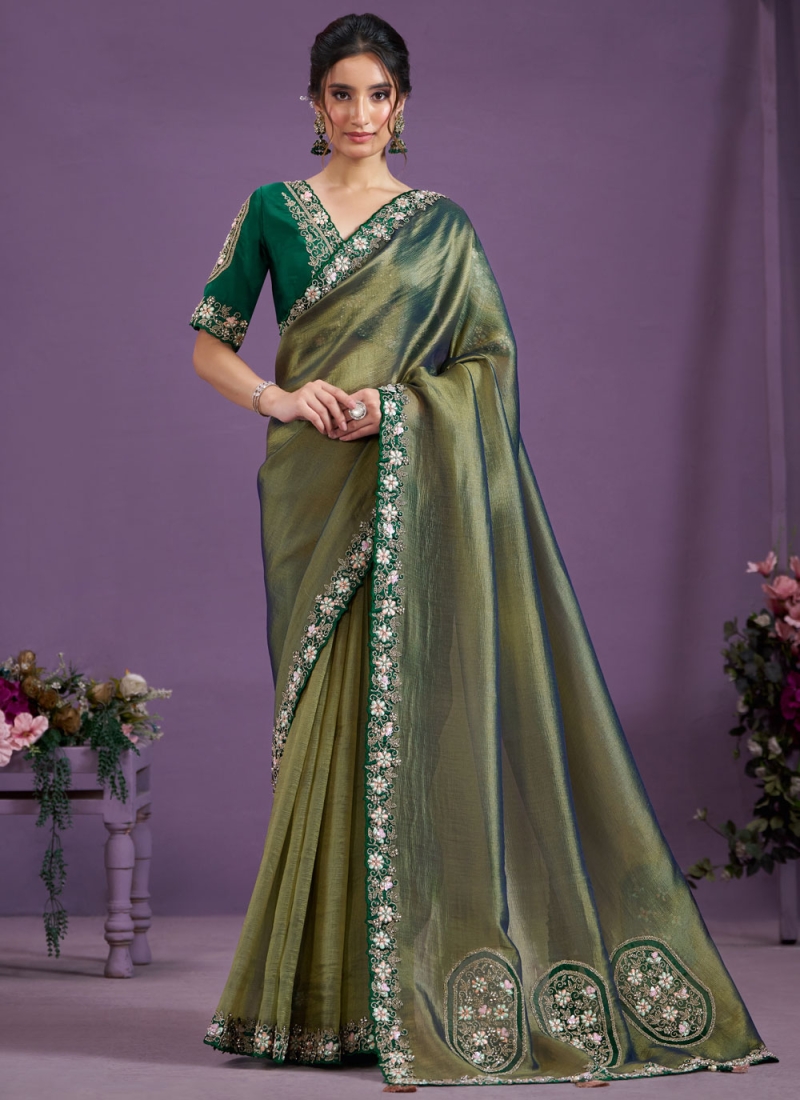 Glass Tissue Green Thread Designer Saree