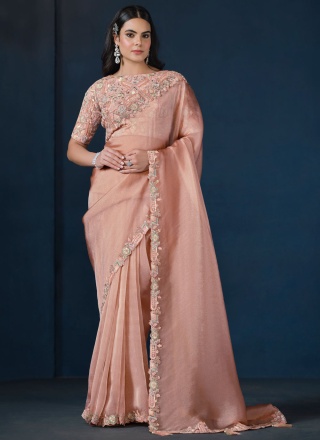 Glass Tissue Peach Embroidered Contemporary Saree