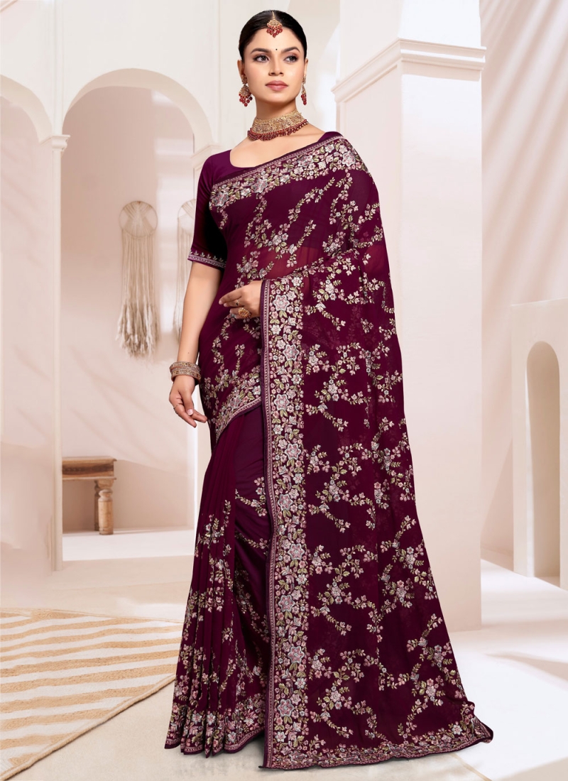 Gleaming Georgette Wine Resham Classic Saree