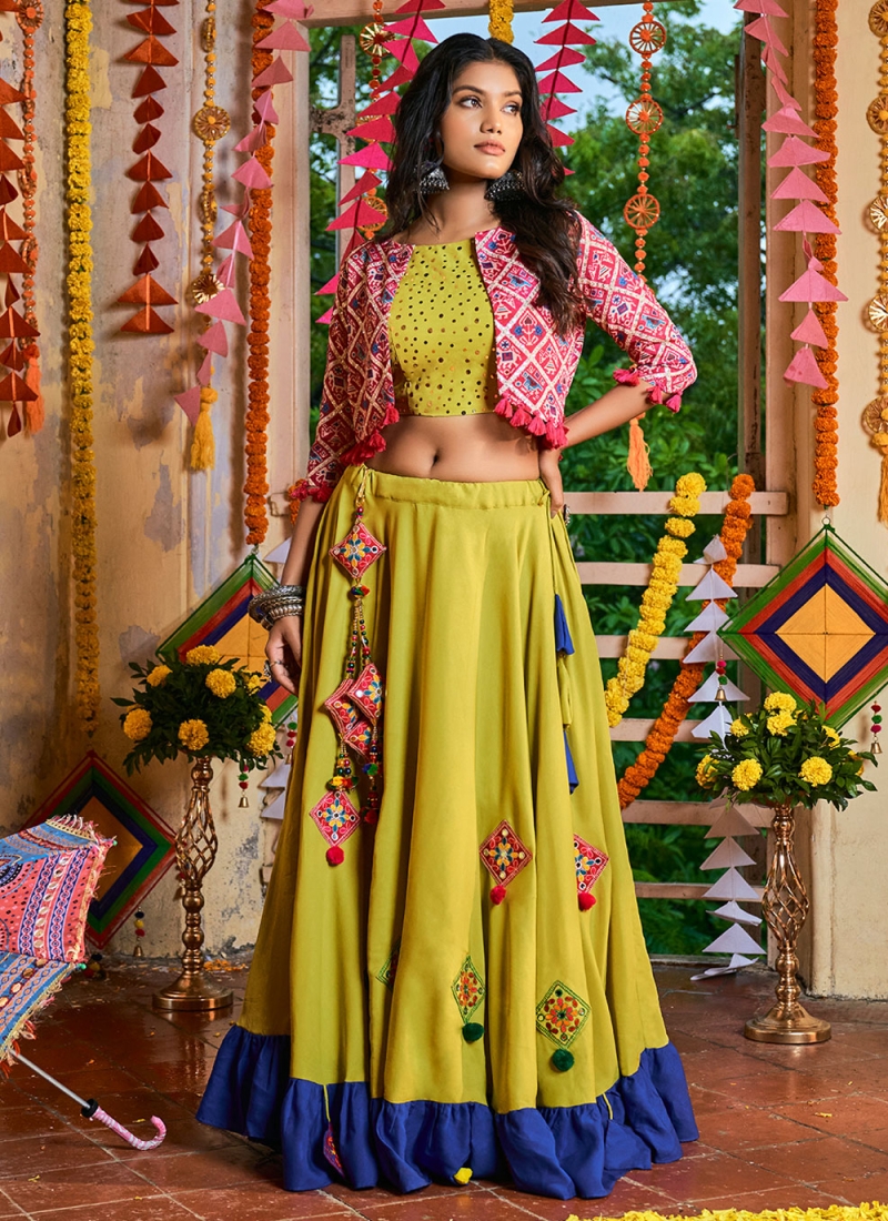 Multi Colored Sequinned Work Lehenga in Chinon Georgette with Moti...