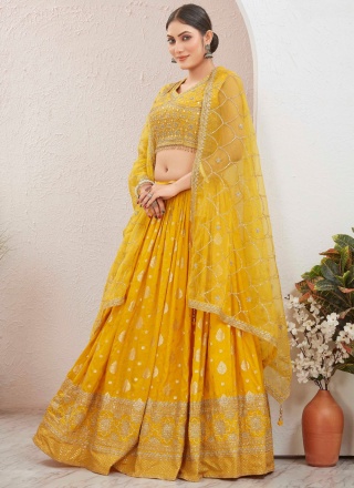 Gleaming pure-dola Embroidered Yellow Readymade Lehenga Choli