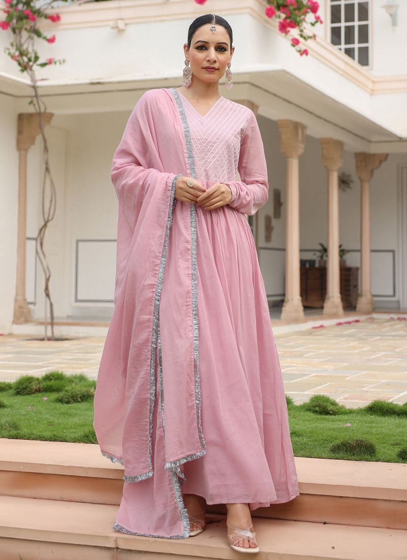 Gleaming Rose Pink Cotton Anarkali Salwar Suit