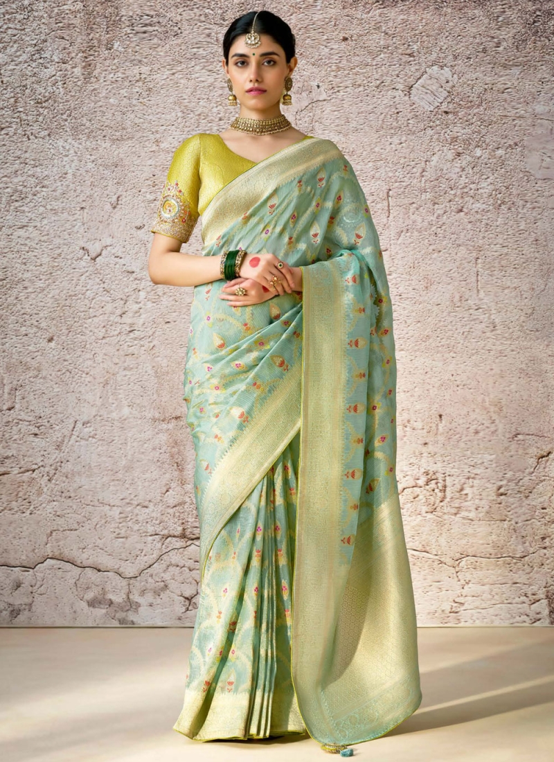 Glitzy Aqua Blue Festival Designer Saree