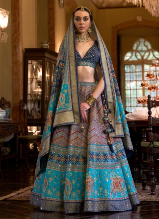 Glitzy Aqua Blue Mirror Silk Readymade Lehenga Choli