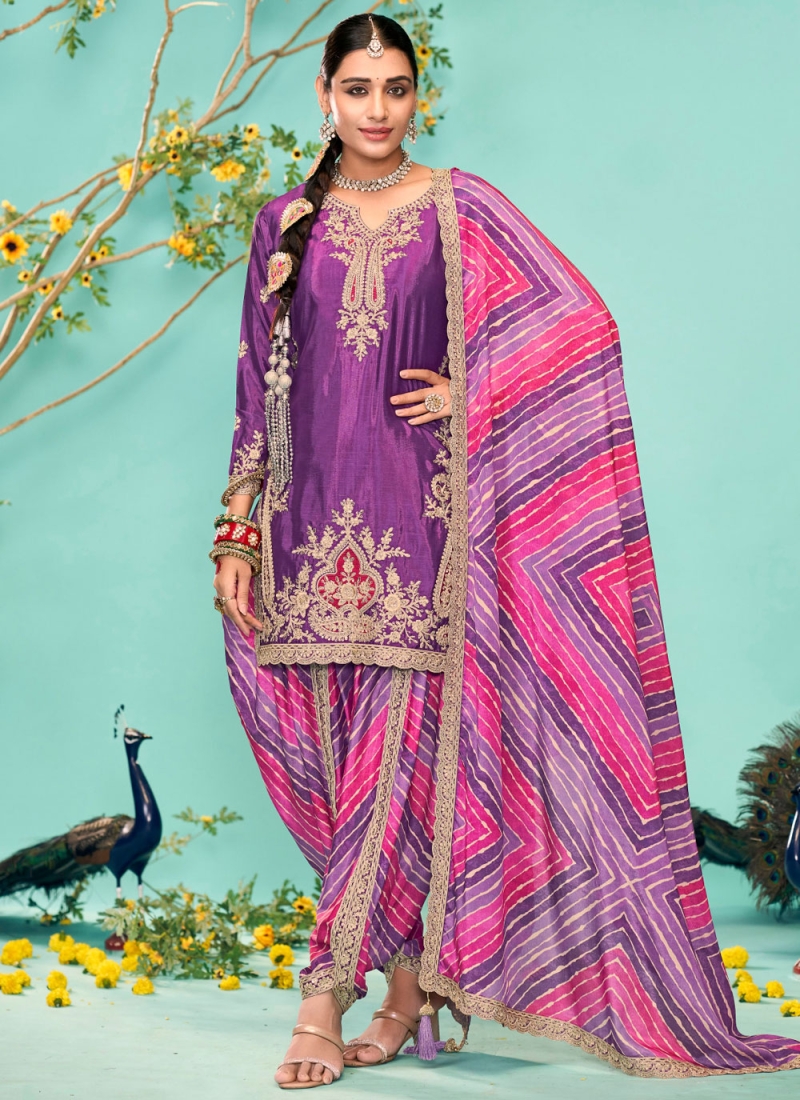 Glitzy Chinon Purple Embroidered Punjabi Suit