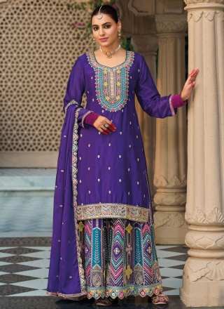 Glorious Embroidered Blue Chinon Readymade Salwar Suit