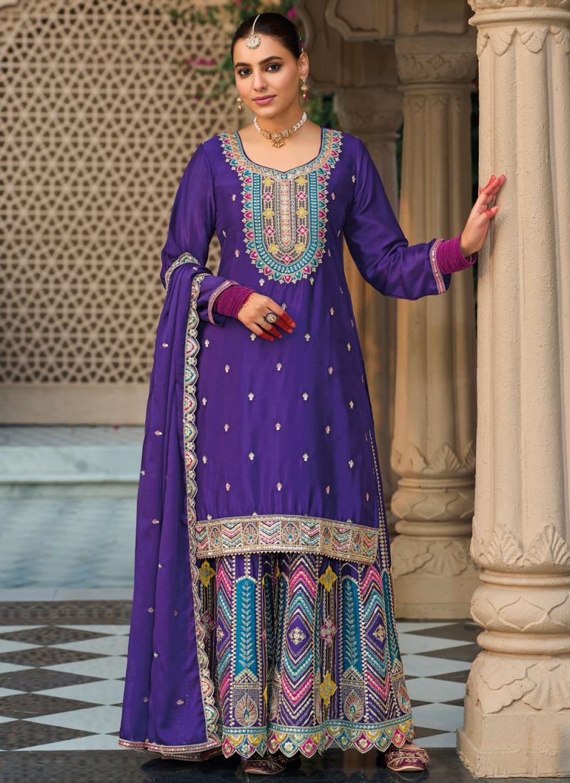 Glorious Embroidered Blue Chinon Readymade Salwar Suit