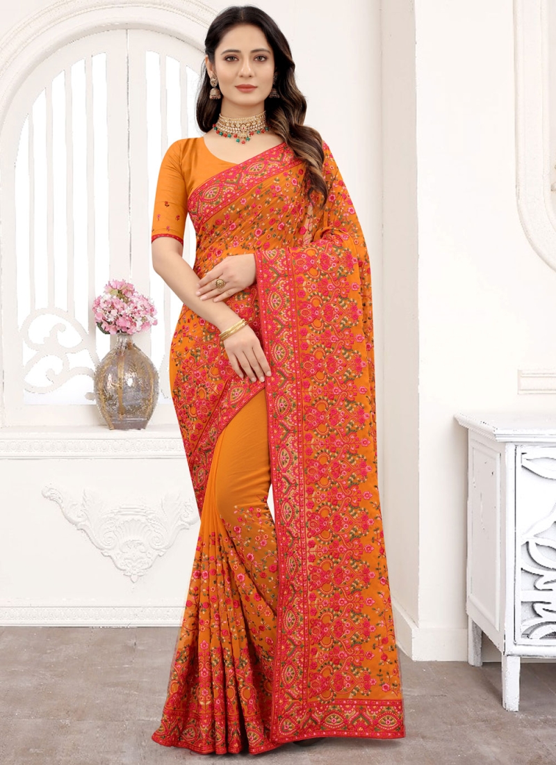 Glossy Georgette Embroidered Contemporary Saree