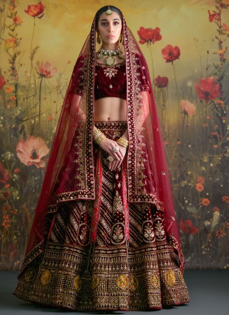 Glossy Maroon and Rani Thread Velvet A Line Lehenga Choli