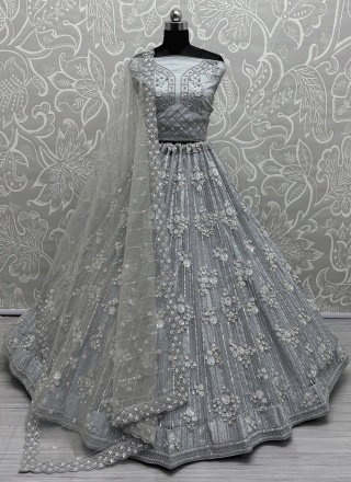 Glossy Net Moti Grey Designer Lehenga Choli