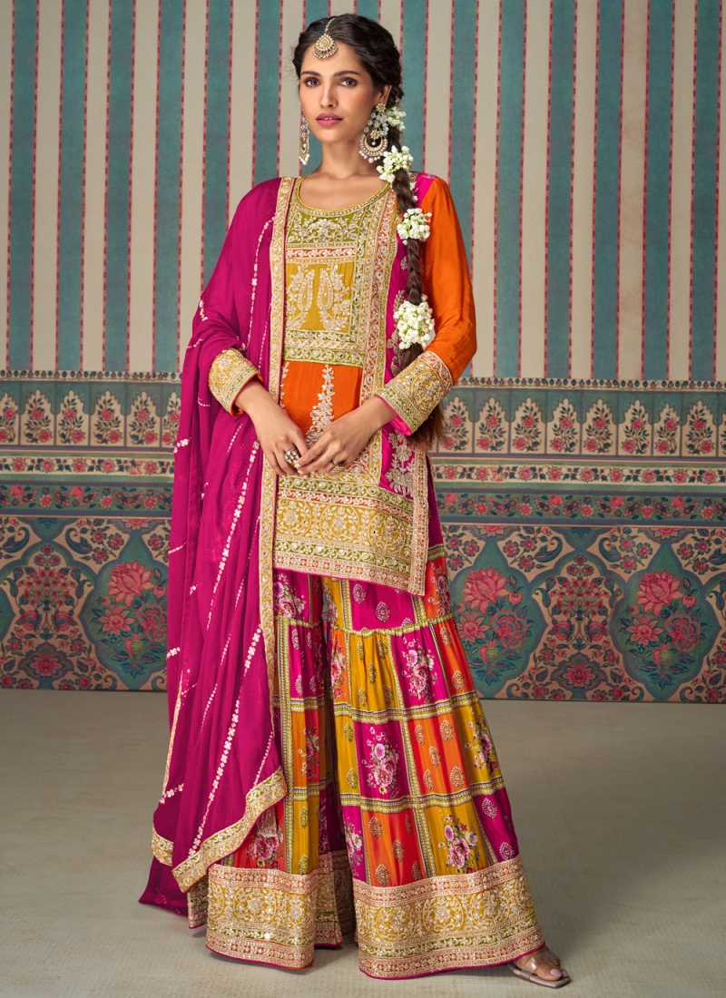 Glossy Orange Embroidered Chinon Designer Salwar Kameez