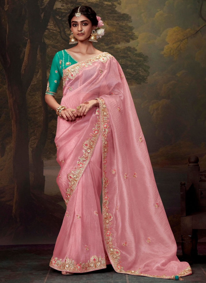 Glowing Pink Organza Trendy Saree